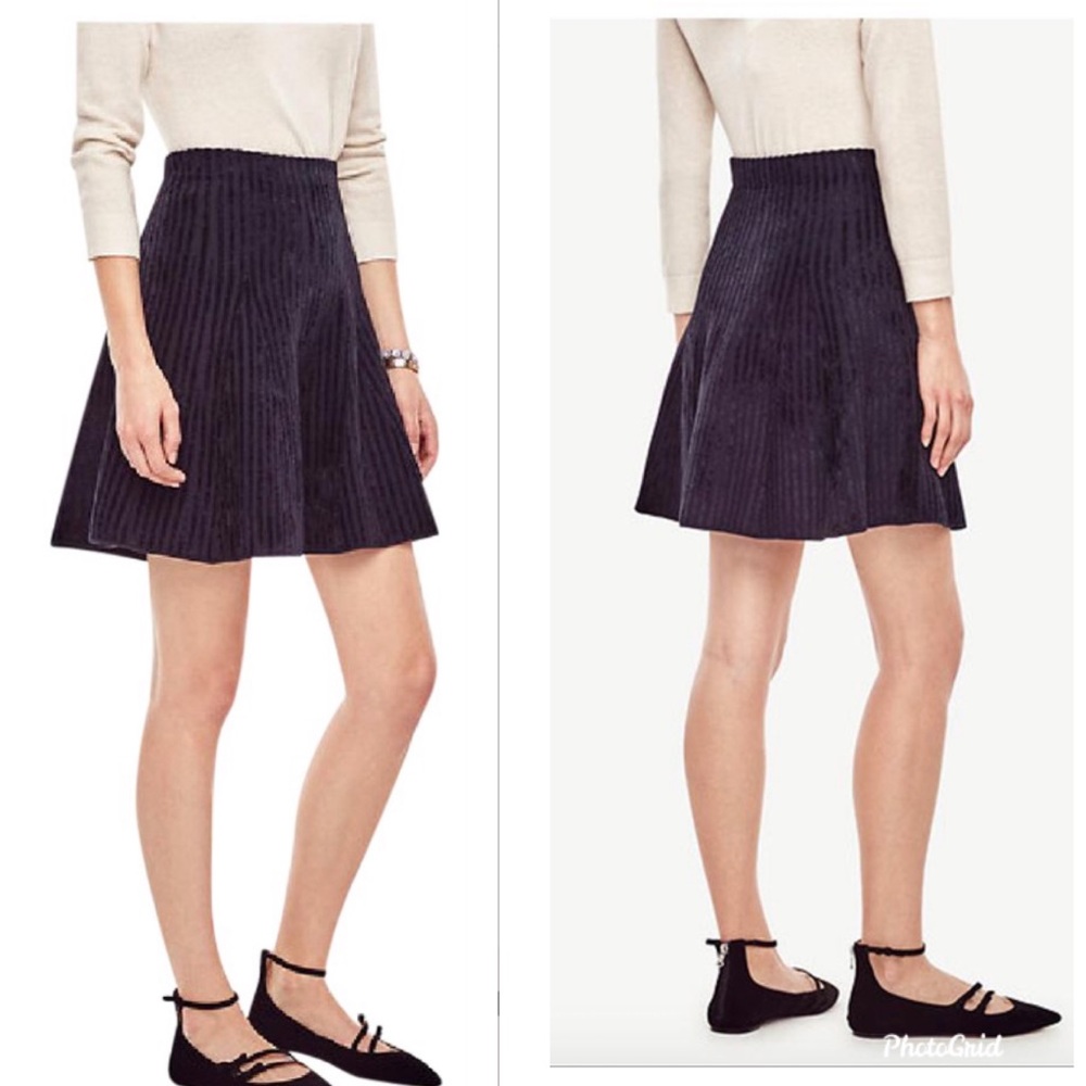 Ann Taylor navy blue striped flare sweater skirt.